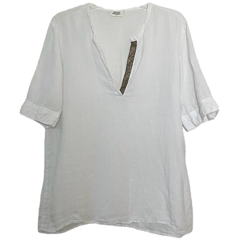Hartford Alternative Classics White Tunic Top Roll Up Tab Sleeves Splice Neck 2
